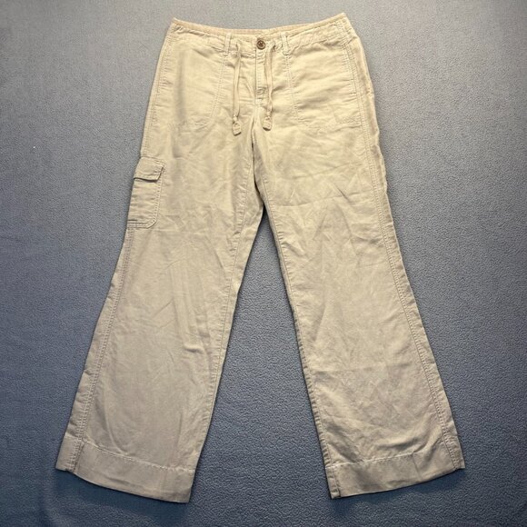 Eddie Bauer Pants Womens 10 Tall Beige Linen Cargo Wide Leg,Pockets,Drawstring - Picture 1 of 16